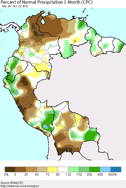 Northern South America Percent of Normal Precipitation 1-Month (CPC) Thematic Map For 9/26/2021 - 10/25/2021