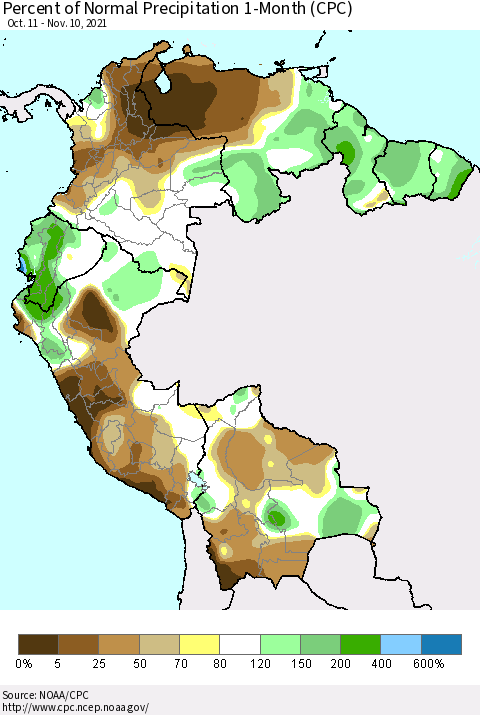 Northern South America Percent of Normal Precipitation 1-Month (CPC) Thematic Map For 10/11/2021 - 11/10/2021