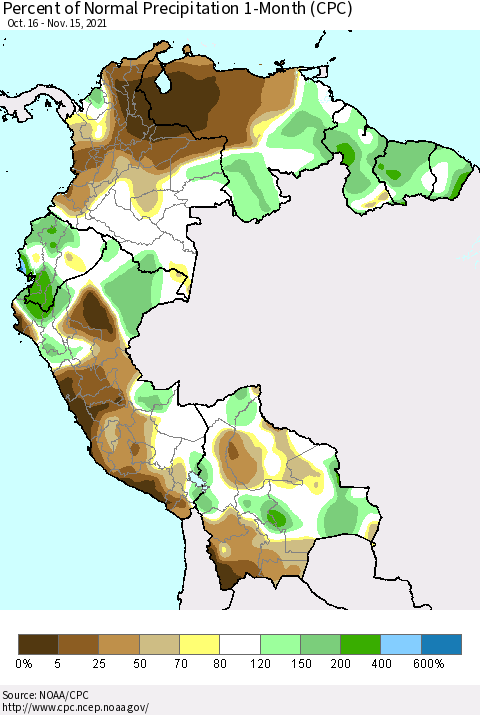 Northern South America Percent of Normal Precipitation 1-Month (CPC) Thematic Map For 10/16/2021 - 11/15/2021