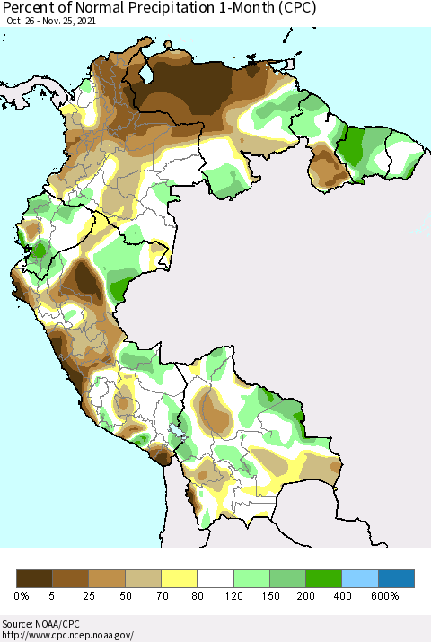 Northern South America Percent of Normal Precipitation 1-Month (CPC) Thematic Map For 10/26/2021 - 11/25/2021