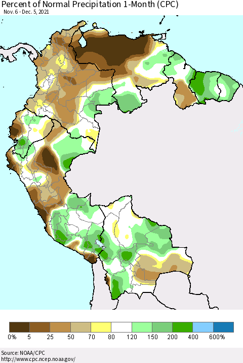 Northern South America Percent of Normal Precipitation 1-Month (CPC) Thematic Map For 11/6/2021 - 12/5/2021