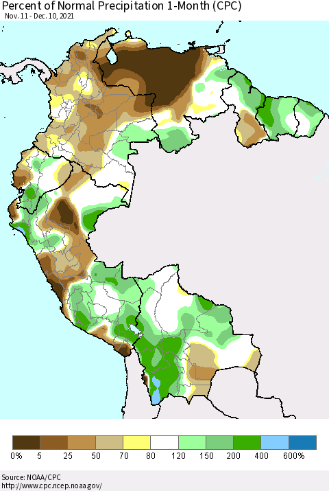 Northern South America Percent of Normal Precipitation 1-Month (CPC) Thematic Map For 11/11/2021 - 12/10/2021