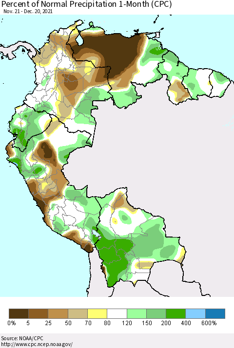 Northern South America Percent of Normal Precipitation 1-Month (CPC) Thematic Map For 11/21/2021 - 12/20/2021