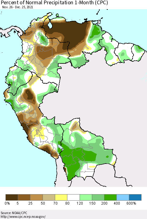 Northern South America Percent of Normal Precipitation 1-Month (CPC) Thematic Map For 11/26/2021 - 12/25/2021
