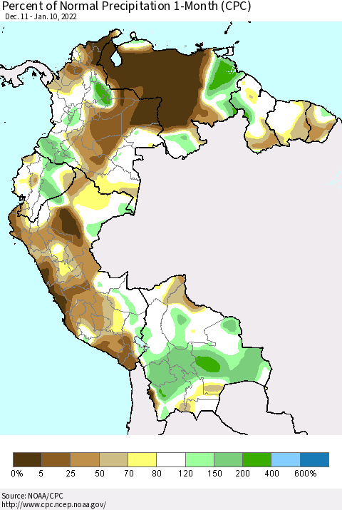 Northern South America Percent of Normal Precipitation 1-Month (CPC) Thematic Map For 12/11/2021 - 1/10/2022