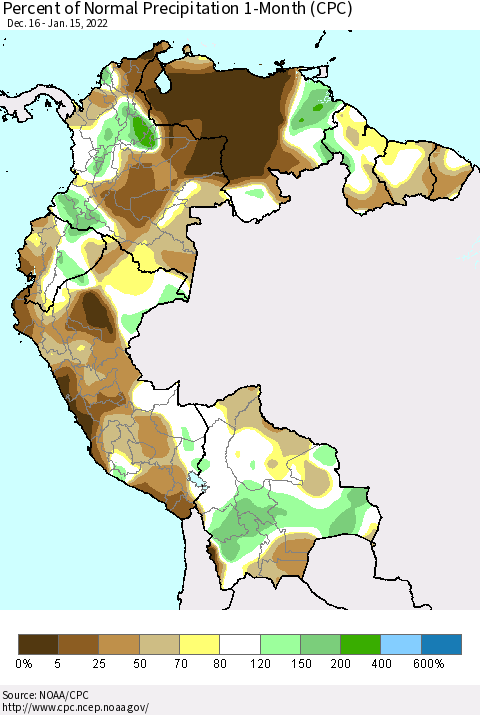 Northern South America Percent of Normal Precipitation 1-Month (CPC) Thematic Map For 12/16/2021 - 1/15/2022