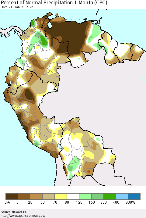 Northern South America Percent of Normal Precipitation 1-Month (CPC) Thematic Map For 12/21/2021 - 1/20/2022