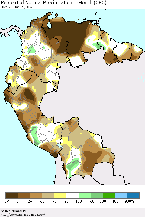 Northern South America Percent of Normal Precipitation 1-Month (CPC) Thematic Map For 12/26/2021 - 1/25/2022