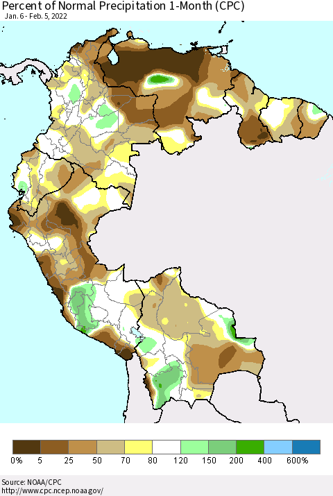 Northern South America Percent of Normal Precipitation 1-Month (CPC) Thematic Map For 1/6/2022 - 2/5/2022