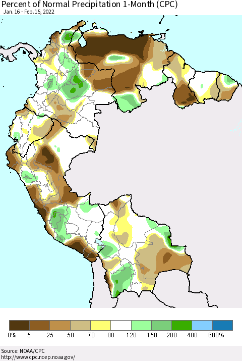 Northern South America Percent of Normal Precipitation 1-Month (CPC) Thematic Map For 1/16/2022 - 2/15/2022