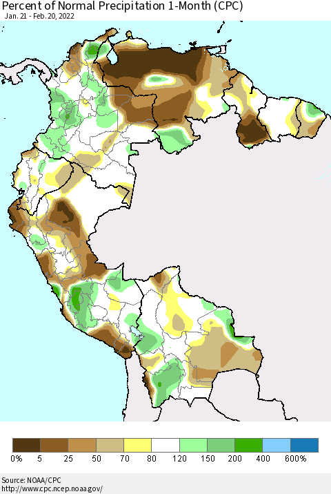 Northern South America Percent of Normal Precipitation 1-Month (CPC) Thematic Map For 1/21/2022 - 2/20/2022