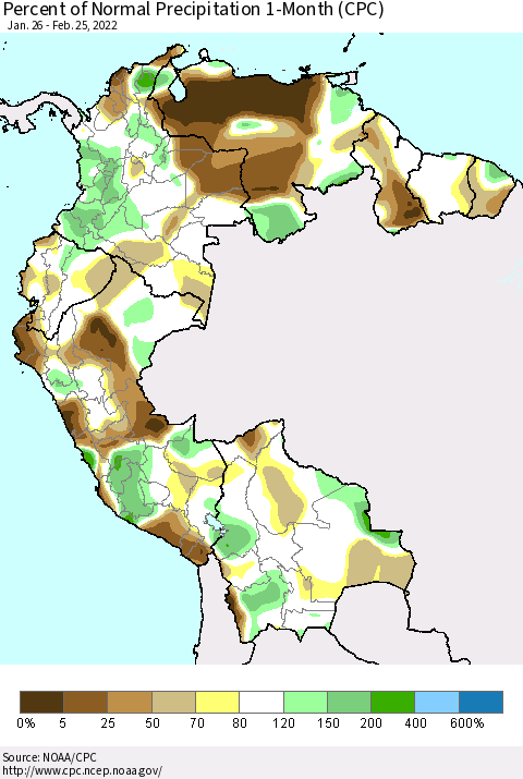Northern South America Percent of Normal Precipitation 1-Month (CPC) Thematic Map For 1/26/2022 - 2/25/2022