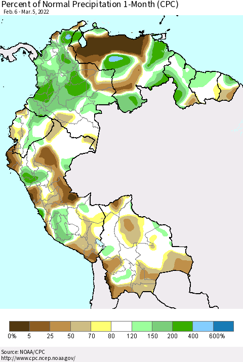 Northern South America Percent of Normal Precipitation 1-Month (CPC) Thematic Map For 2/6/2022 - 3/5/2022