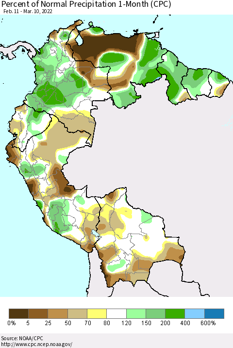 Northern South America Percent of Normal Precipitation 1-Month (CPC) Thematic Map For 2/11/2022 - 3/10/2022