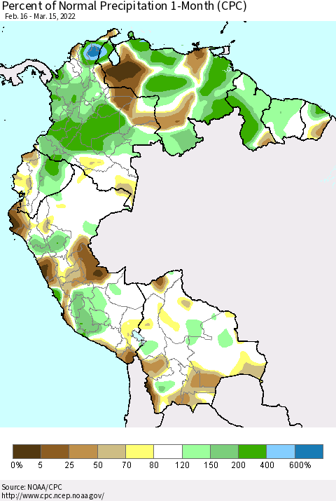 Northern South America Percent of Normal Precipitation 1-Month (CPC) Thematic Map For 2/16/2022 - 3/15/2022