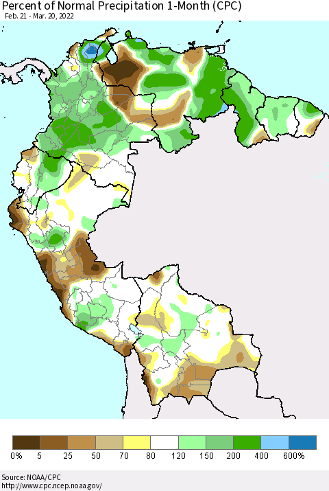 Northern South America Percent of Normal Precipitation 1-Month (CPC) Thematic Map For 2/21/2022 - 3/20/2022