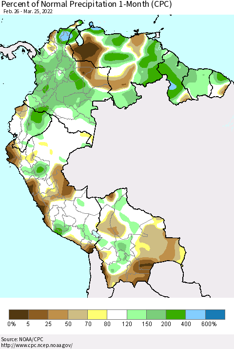 Northern South America Percent of Normal Precipitation 1-Month (CPC) Thematic Map For 2/26/2022 - 3/25/2022