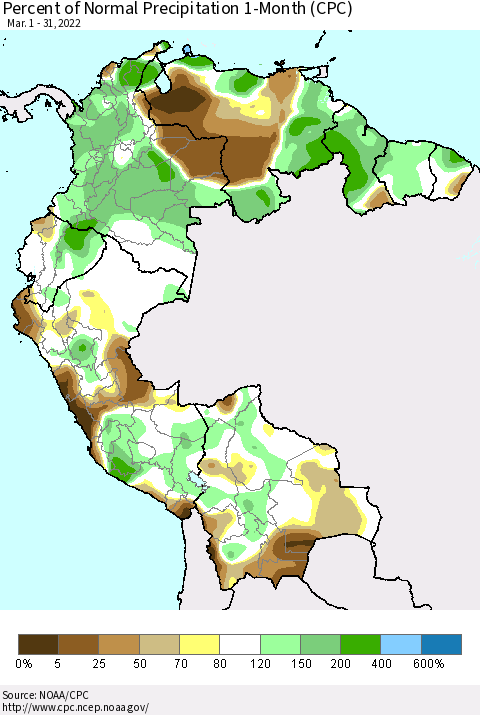 Northern South America Percent of Normal Precipitation 1-Month (CPC) Thematic Map For 3/1/2022 - 3/31/2022