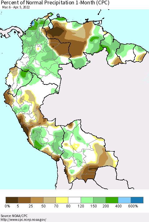 Northern South America Percent of Normal Precipitation 1-Month (CPC) Thematic Map For 3/6/2022 - 4/5/2022