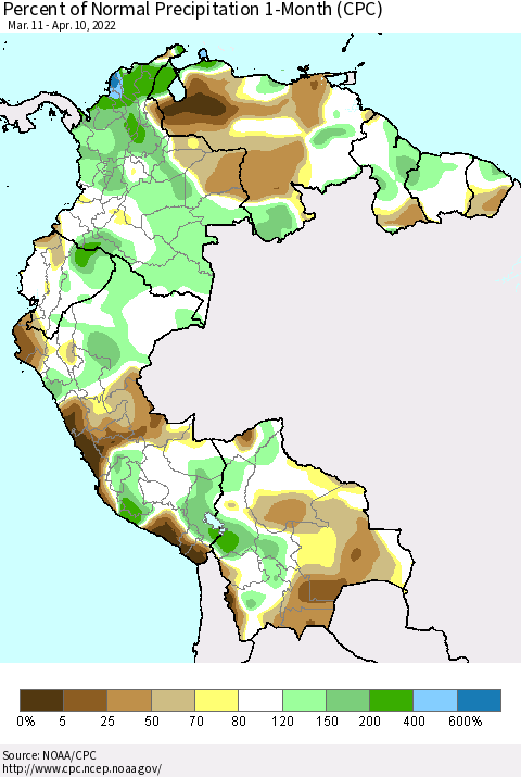 Northern South America Percent of Normal Precipitation 1-Month (CPC) Thematic Map For 3/11/2022 - 4/10/2022