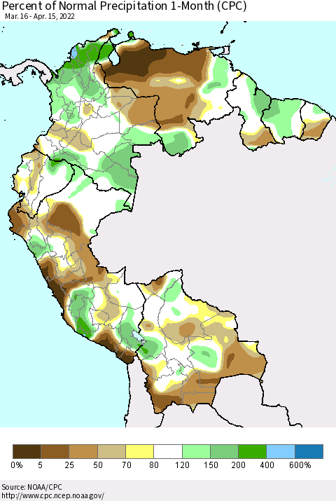 Northern South America Percent of Normal Precipitation 1-Month (CPC) Thematic Map For 3/16/2022 - 4/15/2022