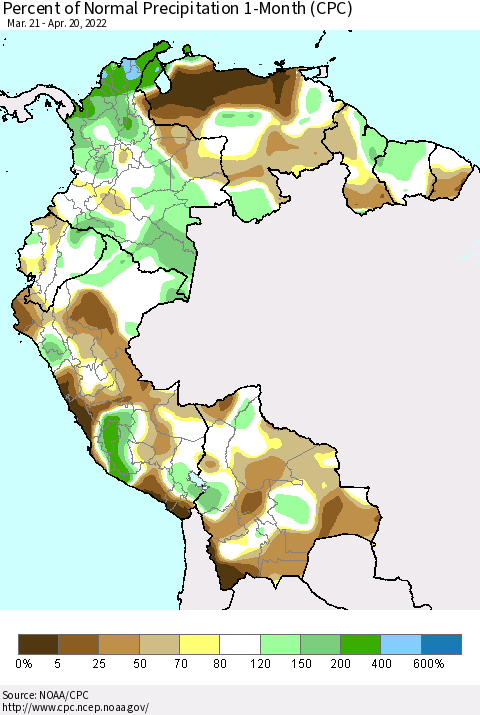 Northern South America Percent of Normal Precipitation 1-Month (CPC) Thematic Map For 3/21/2022 - 4/20/2022