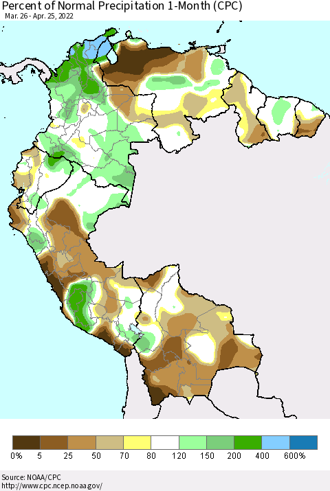 Northern South America Percent of Normal Precipitation 1-Month (CPC) Thematic Map For 3/26/2022 - 4/25/2022