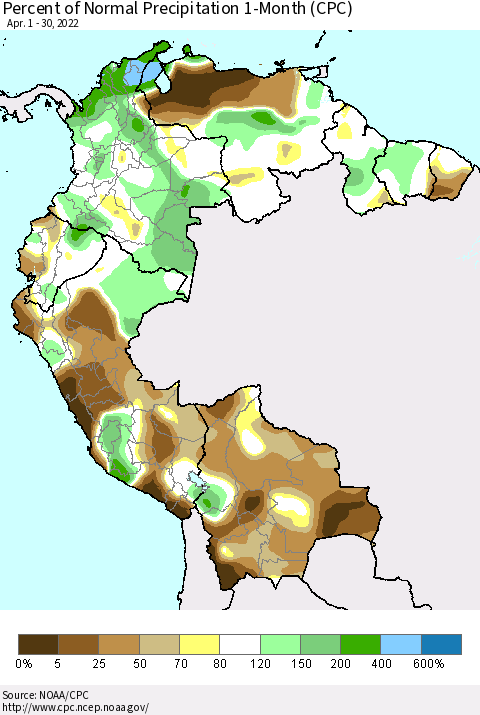Northern South America Percent of Normal Precipitation 1-Month (CPC) Thematic Map For 4/1/2022 - 4/30/2022