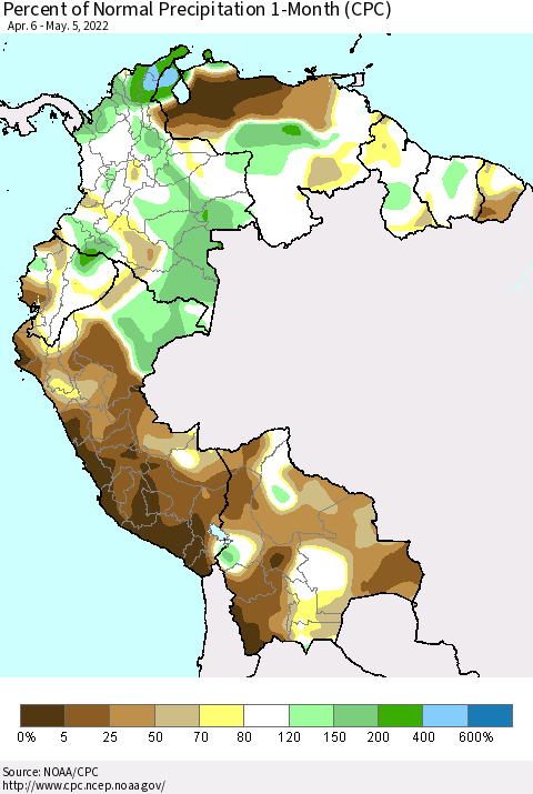 Northern South America Percent of Normal Precipitation 1-Month (CPC) Thematic Map For 4/6/2022 - 5/5/2022