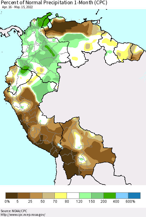Northern South America Percent of Normal Precipitation 1-Month (CPC) Thematic Map For 4/16/2022 - 5/15/2022