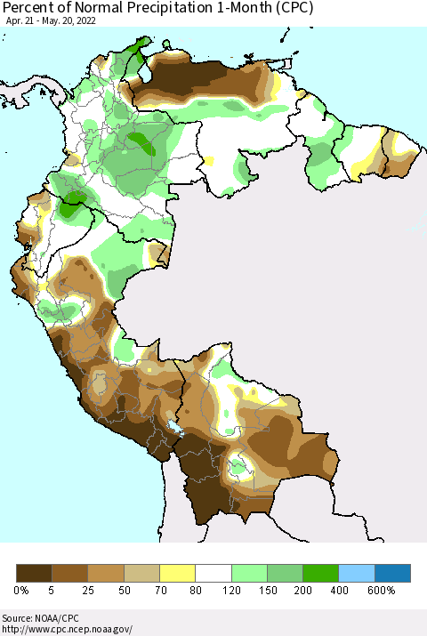 Northern South America Percent of Normal Precipitation 1-Month (CPC) Thematic Map For 4/21/2022 - 5/20/2022