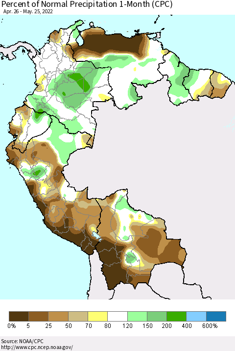 Northern South America Percent of Normal Precipitation 1-Month (CPC) Thematic Map For 4/26/2022 - 5/25/2022