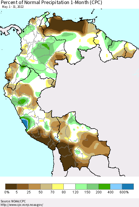Northern South America Percent of Normal Precipitation 1-Month (CPC) Thematic Map For 5/1/2022 - 5/31/2022