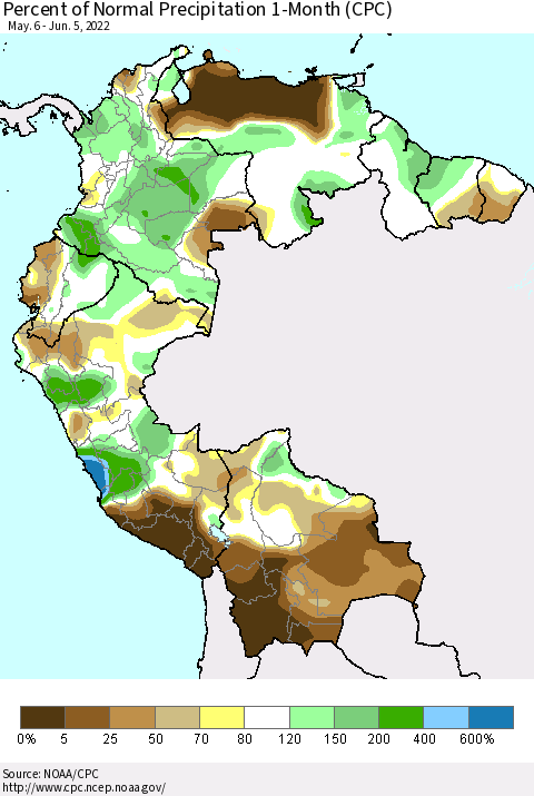Northern South America Percent of Normal Precipitation 1-Month (CPC) Thematic Map For 5/6/2022 - 6/5/2022