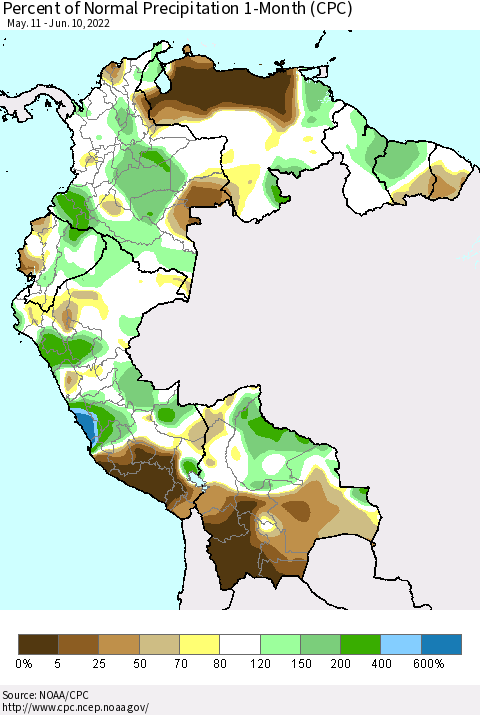 Northern South America Percent of Normal Precipitation 1-Month (CPC) Thematic Map For 5/11/2022 - 6/10/2022