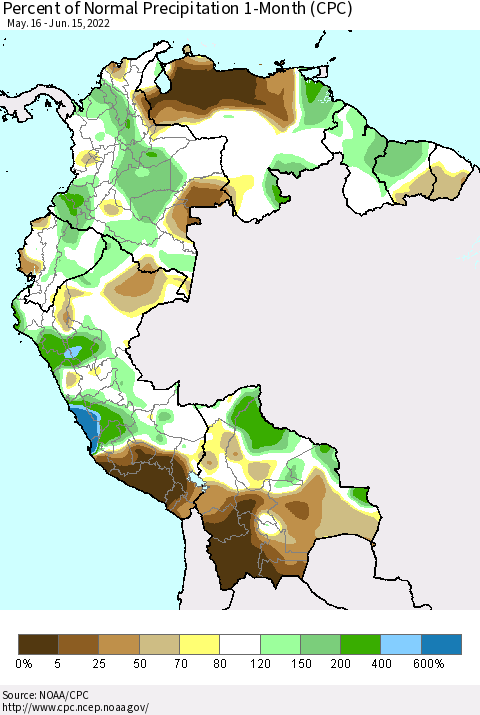 Northern South America Percent of Normal Precipitation 1-Month (CPC) Thematic Map For 5/16/2022 - 6/15/2022