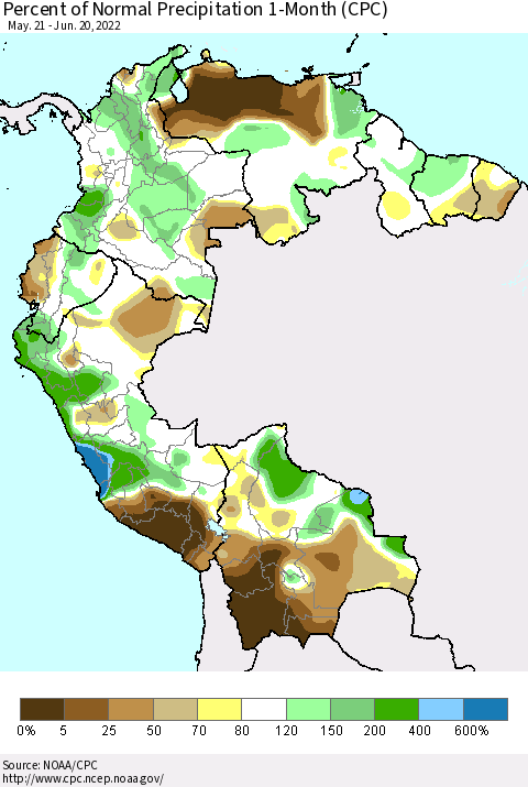 Northern South America Percent of Normal Precipitation 1-Month (CPC) Thematic Map For 5/21/2022 - 6/20/2022