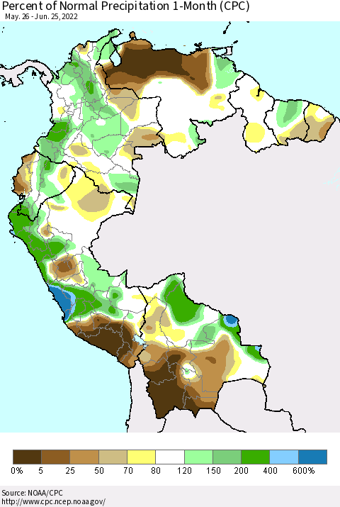 Northern South America Percent of Normal Precipitation 1-Month (CPC) Thematic Map For 5/26/2022 - 6/25/2022