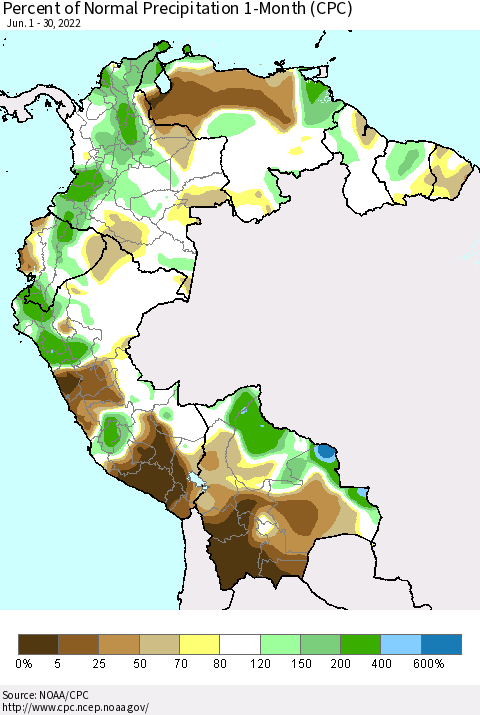Northern South America Percent of Normal Precipitation 1-Month (CPC) Thematic Map For 6/1/2022 - 6/30/2022