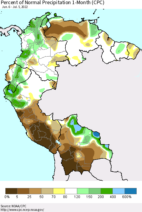 Northern South America Percent of Normal Precipitation 1-Month (CPC) Thematic Map For 6/6/2022 - 7/5/2022