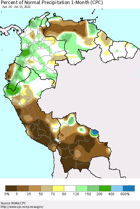 Northern South America Percent of Normal Precipitation 1-Month (CPC) Thematic Map For 6/16/2022 - 7/15/2022