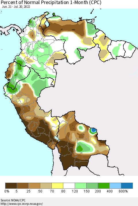 Northern South America Percent of Normal Precipitation 1-Month (CPC) Thematic Map For 6/21/2022 - 7/20/2022