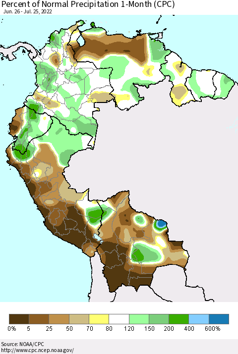 Northern South America Percent of Normal Precipitation 1-Month (CPC) Thematic Map For 6/26/2022 - 7/25/2022