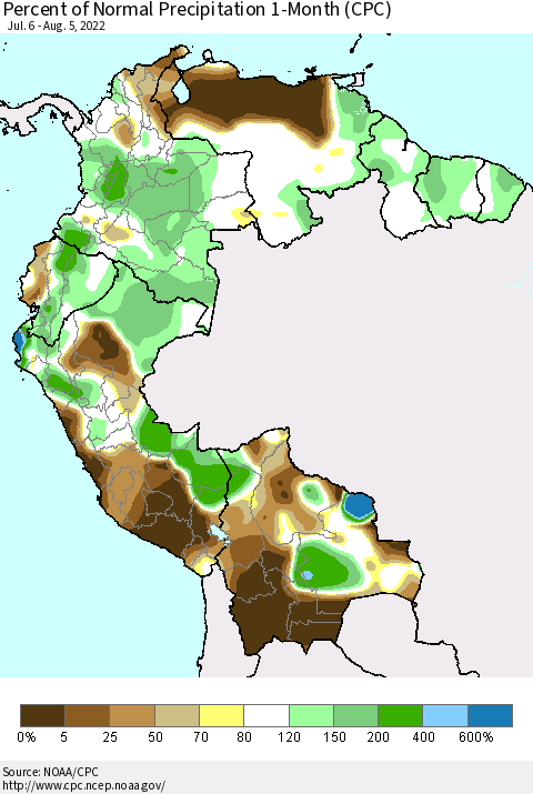 Northern South America Percent of Normal Precipitation 1-Month (CPC) Thematic Map For 7/6/2022 - 8/5/2022