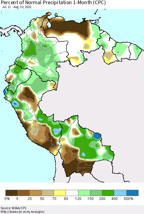 Northern South America Percent of Normal Precipitation 1-Month (CPC) Thematic Map For 7/11/2022 - 8/10/2022