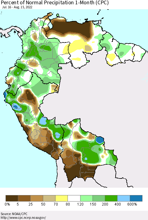 Northern South America Percent of Normal Precipitation 1-Month (CPC) Thematic Map For 7/16/2022 - 8/15/2022