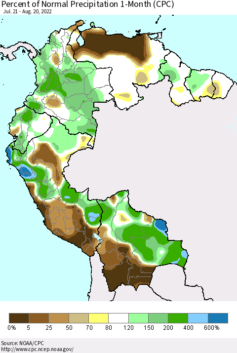 Northern South America Percent of Normal Precipitation 1-Month (CPC) Thematic Map For 7/21/2022 - 8/20/2022