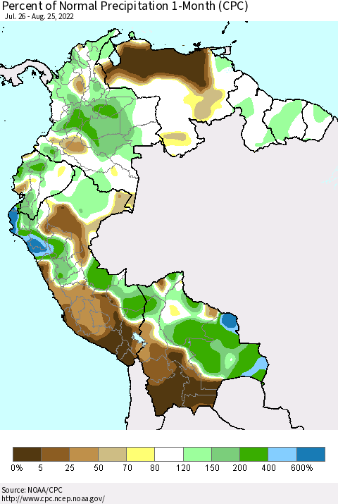 Northern South America Percent of Normal Precipitation 1-Month (CPC) Thematic Map For 7/26/2022 - 8/25/2022