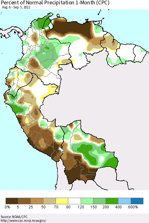 Northern South America Percent of Normal Precipitation 1-Month (CPC) Thematic Map For 8/6/2022 - 9/5/2022