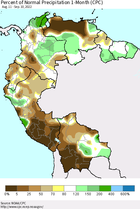 Northern South America Percent of Normal Precipitation 1-Month (CPC) Thematic Map For 8/11/2022 - 9/10/2022